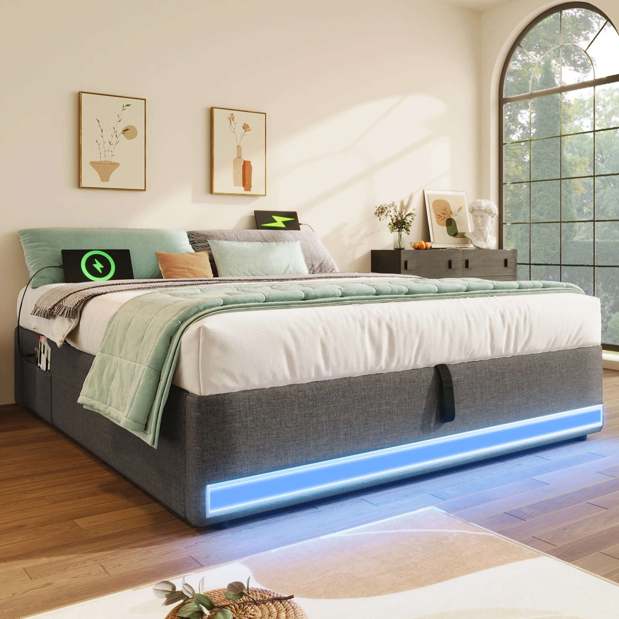 Lit Coffre 140x200 cm - LED et USB/Type-C - Lin Gris