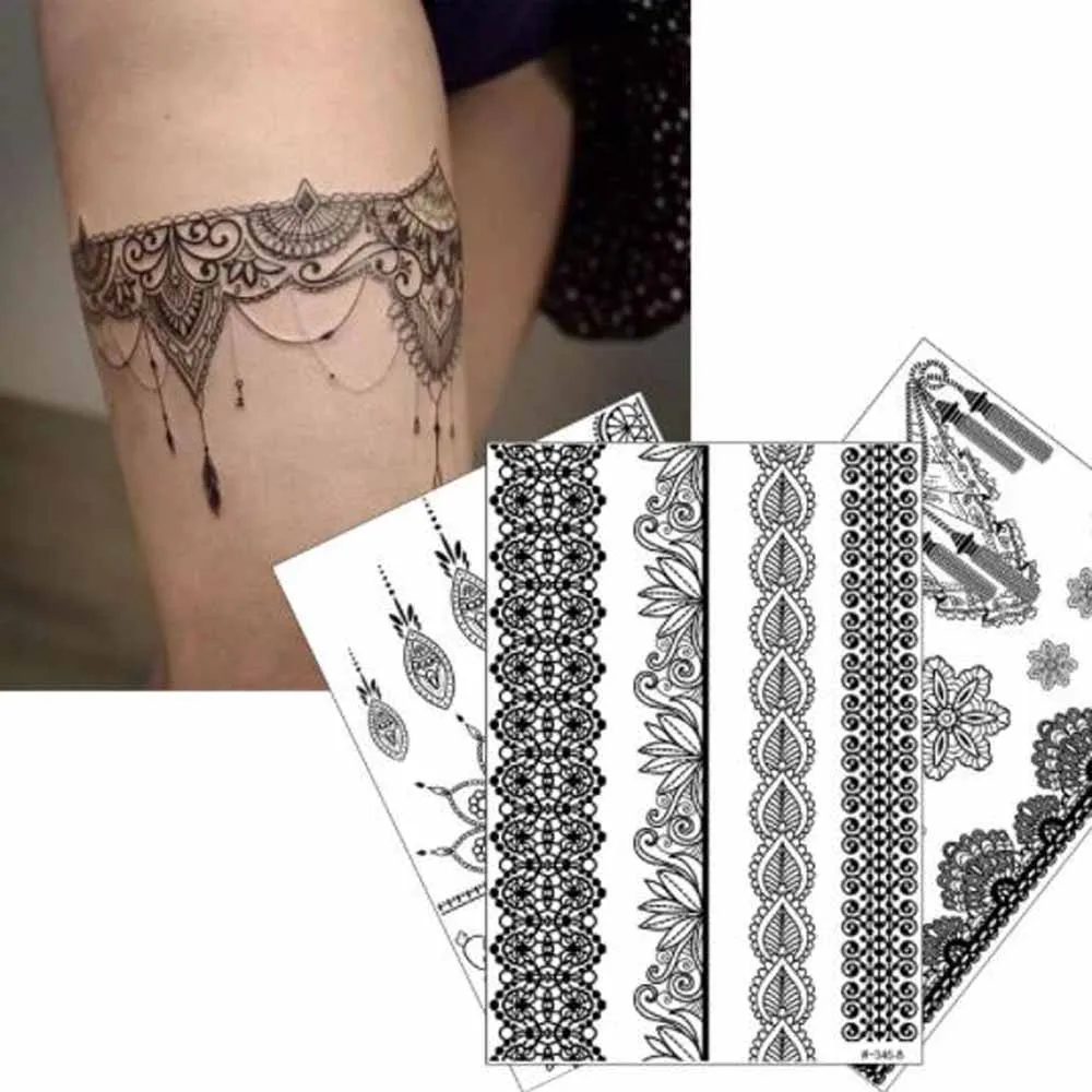 Black Henna Tattoo Stickers Women Sexy Water Transfer Body Art Fake Tattoos Nightclub Makeup Party Lace Tattoo Decals Semi Tatto