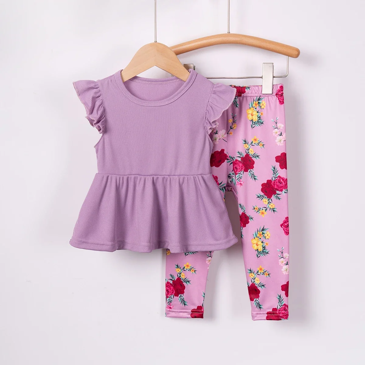 New Girls\' Set Summer Flying Sleeve Top Rose Print Casual Pants Two Piece Sweet Fashion Set Kids Clothes Girls Wholesale