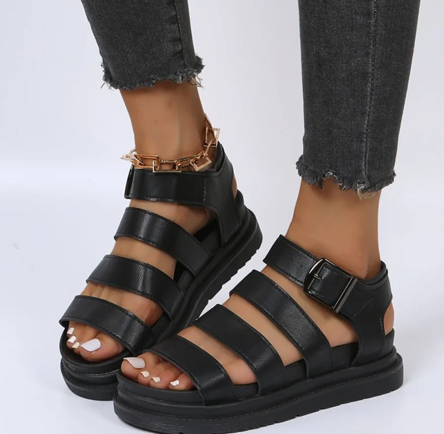 

AIYKAZYSDL 2025 Gladiator Rome Sandals Strappy Summer Cut Out Flats Platform Shoes Girl Gothic Punk Sandals White Plus Size 43
