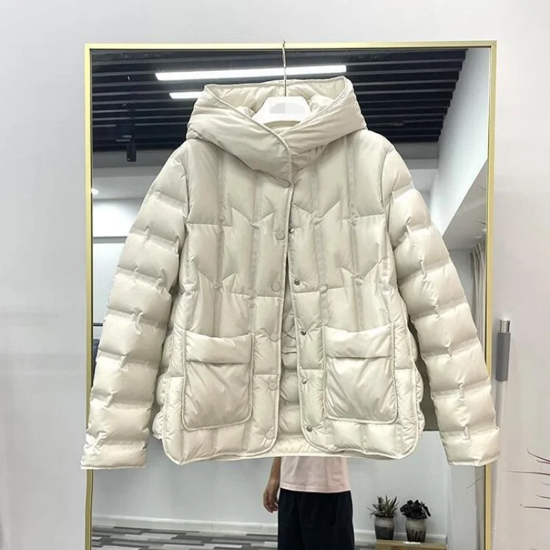 2025 hiver femmes 90% duvet de canard blanc manteau femme col montant simple boutonnage doudoune décontracté ample à capuche Parkas