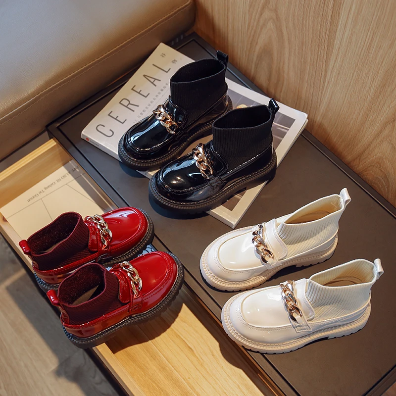 Children's Fashion Patent Leather Chain Decor Ankle Boots Sock Mouth Platform Girls Keep Warm and Slip Resistant in Winter Boot