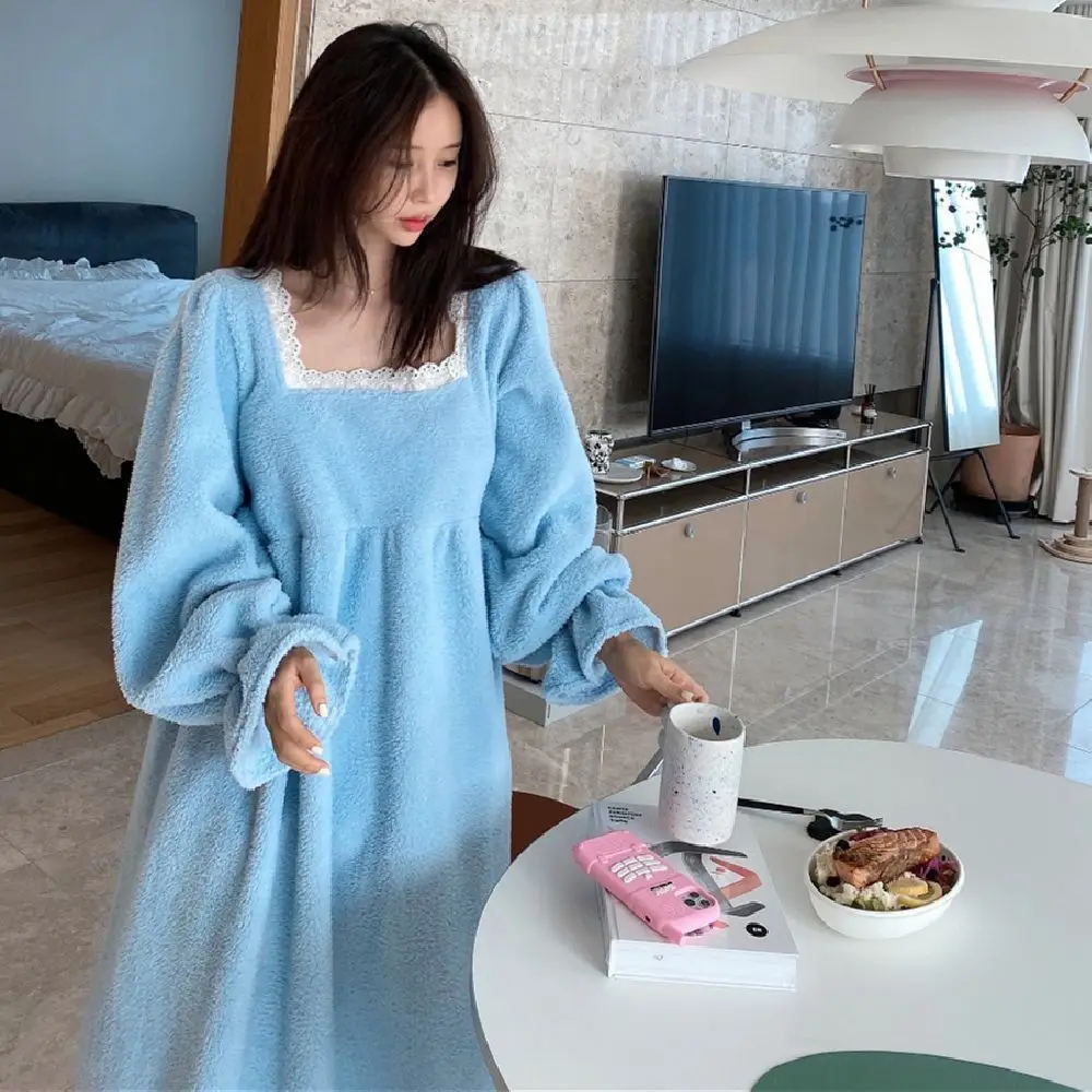 Winter Nightdress Long Sleeve Flannel Nightgowns Women Loose Solid Sleepwear Night Dress Thickened Warm Home Loungewear Pajamas