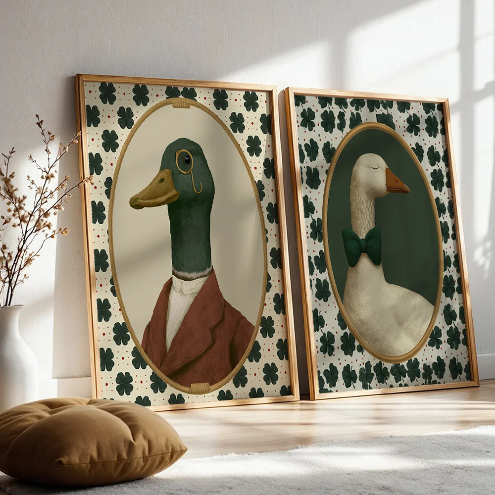 2pcs Vintage Wall Art Duck-pattern Poster Canvas Painting - Animal-themed Wall Decoration for Living Room, Bedroom, Home Decor