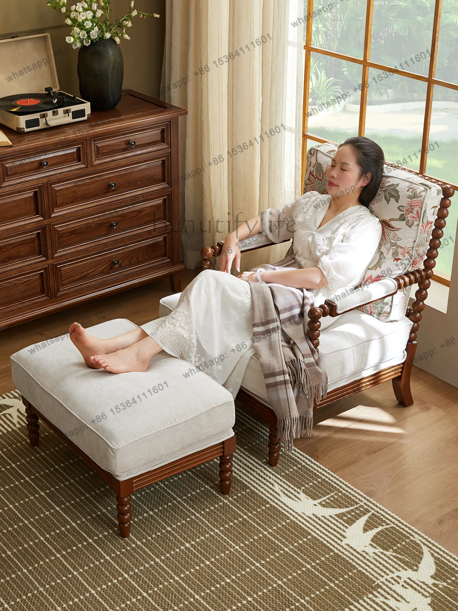American all-solid wood sofa chair living room all-solid wood retro casual fabric single chair