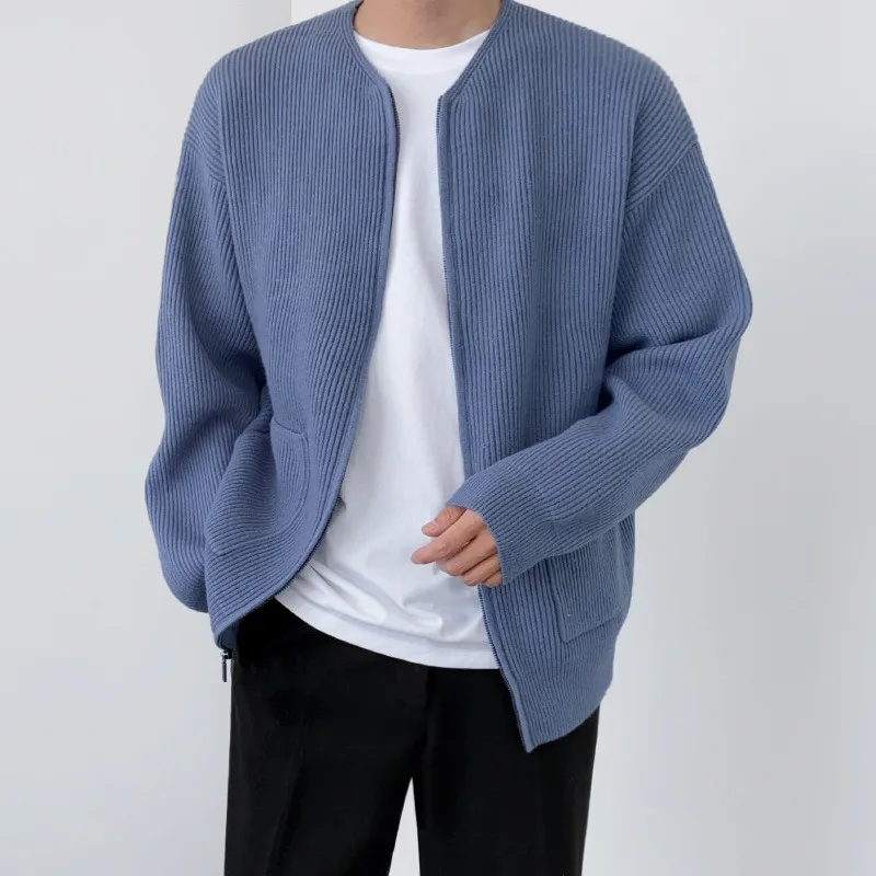 كارديجان رجالي منسوج بأكمام طويلة ورقبة دائرية ، سترة بسحاب ، جاكيت فضفاض وغير رسمي ، معاطف أحادية اللون ، موضة الخريف والشتاء ، جديد #1