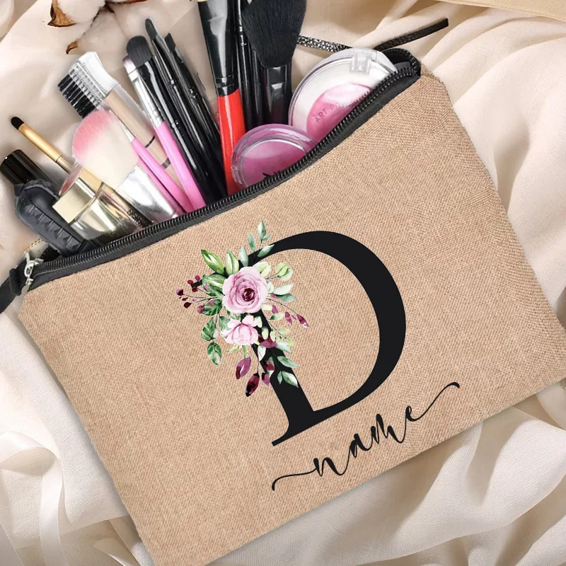 Linen Makeup Bag Customized Personalized Name Cosmetic Bag Bridesmaid Clutch Outdoor Travel Beauty  Bachelor Party Lipstick Bag