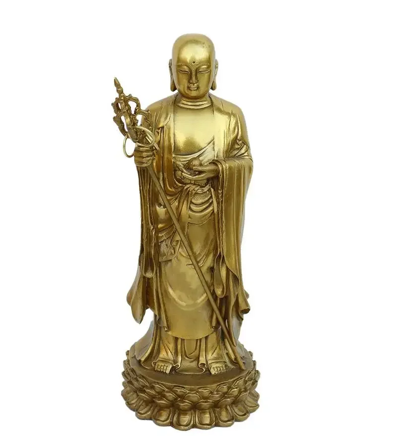 Pure brass standing statue of Ksitigarbha Bodhisattva, Jiuhuashan Saha Three Saints statue ornament