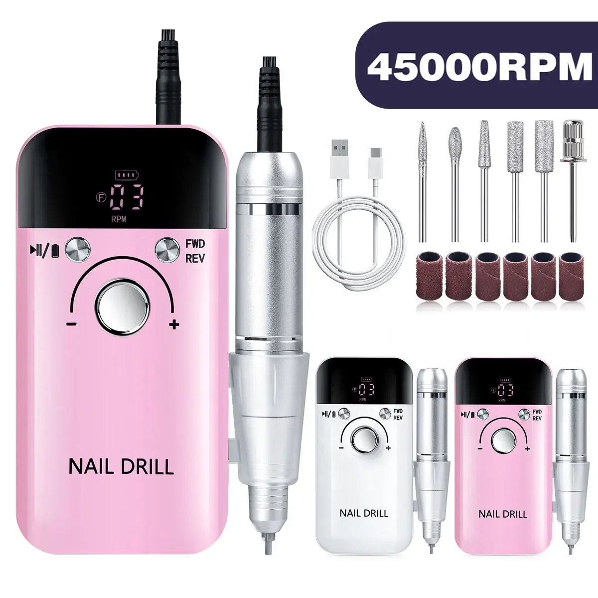 45000RPM Electric Nail Drill Machine Professional Nail Drills for Gel Nails Polish Rechargeable Portable Nail File Manicure Tool
