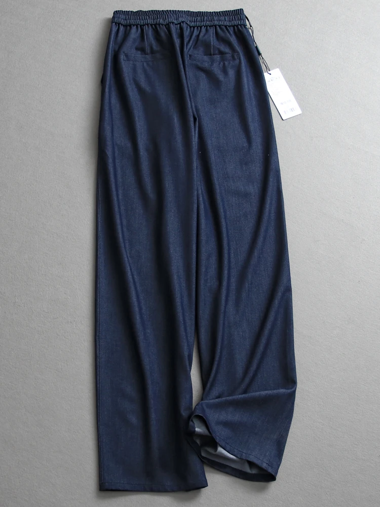 Loose Straight Leg Floor-Length Elastic Waist Drawstring Women's Casual Pants Thin Denim Look Slimming Wide Leg Trousers