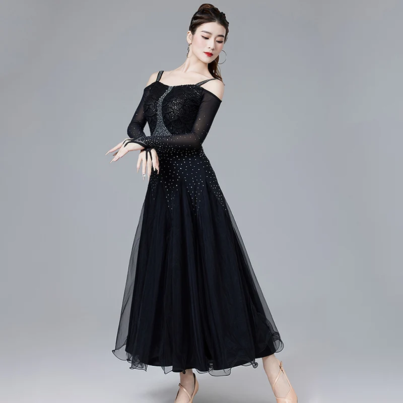 Robe de danse de salon noire pour femmes, robes de valse Standard à paillettes, Costume de scène de danse sociale moderne élégant, vêtements de danse féminins 2211