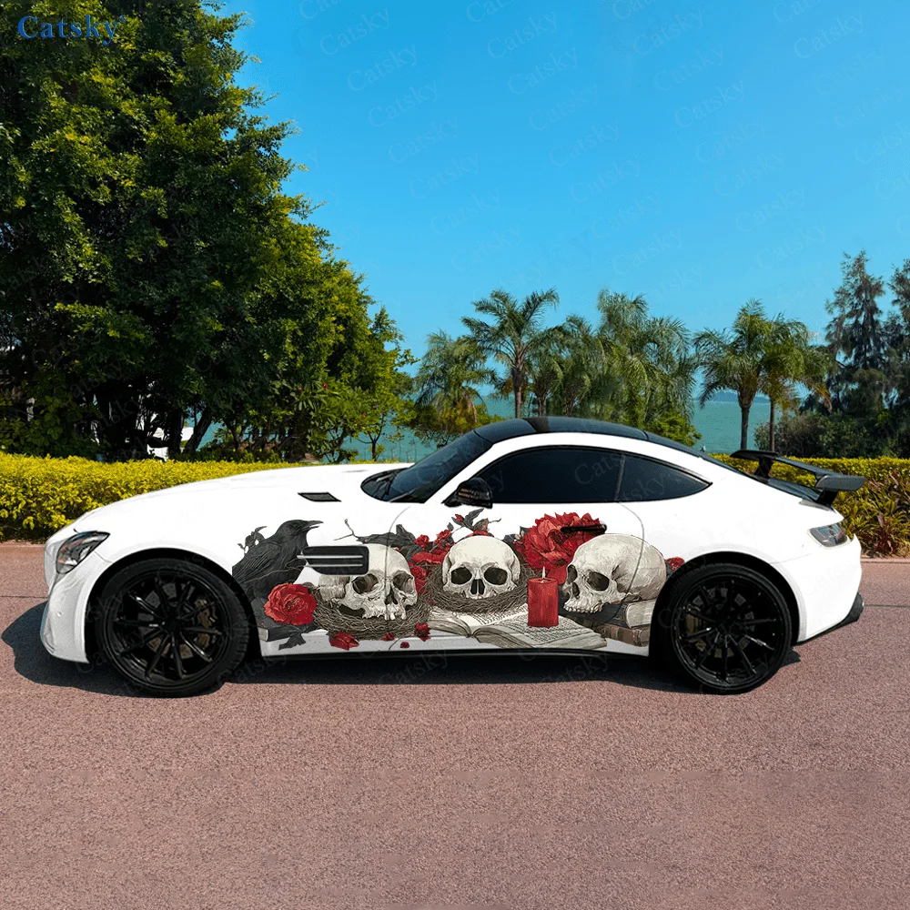 

Ворона красная роза черепа боковая наклейка автомобиля украшение, ПВХ водонепроницаемая устойчивая к царапинам наклейка, защита автомобиля, автоаксессуары в подарок