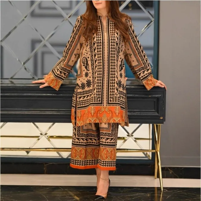 

Casual Boho Print Suit Autumn New Loose V-neck Extended Split Top Wide Leg Pants Two Piece Set Elegant Commuter Women Clothing