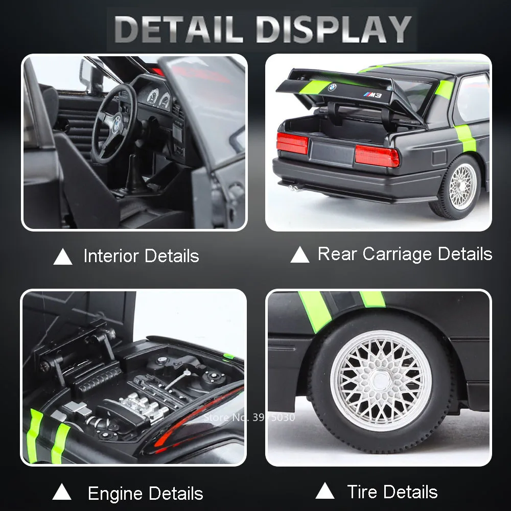 1:24 합금 다이캐스트 BMW M3 자동차 장난감 미니어처 모델, 4 도어 열림 고무 타이어 장난감, 가벼운 음악 차량, 남아용 완벽한 선물