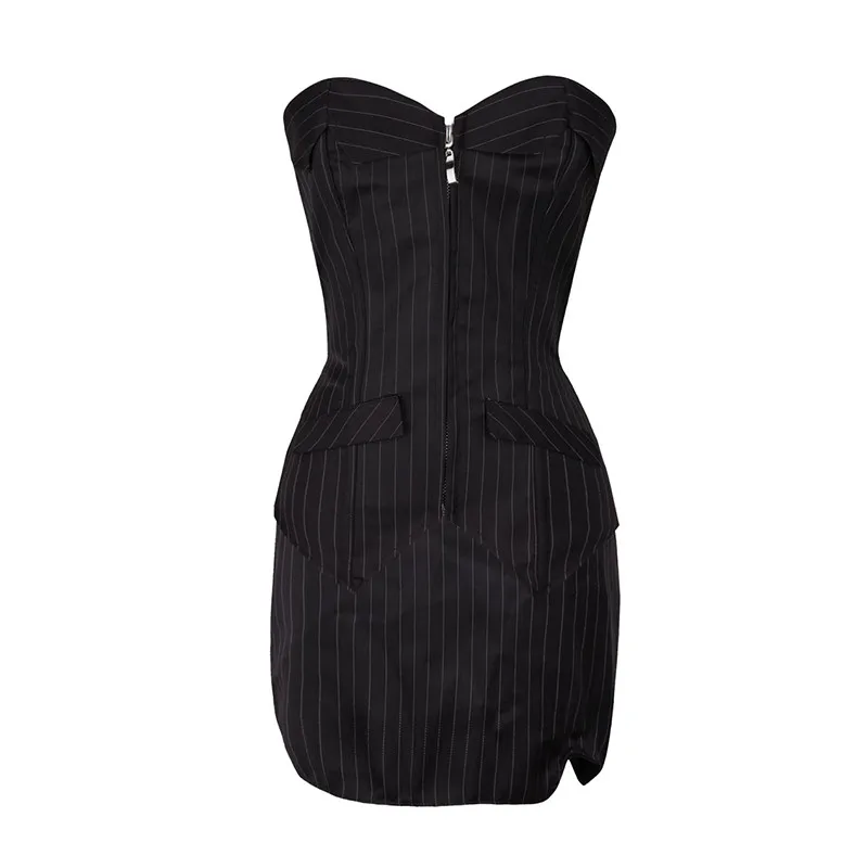 Sexy Two Piece Set Overbust Corset Plus Size Corsets and Bustiers Tops With Mini Skirt Striped Office Women Dress Sets