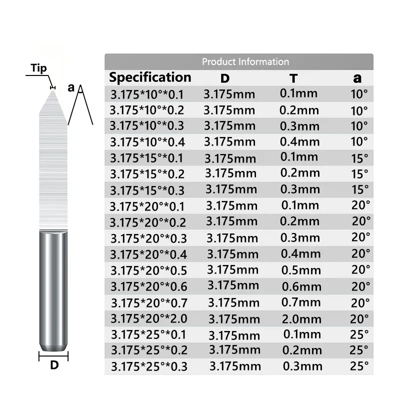 10pcs 10 °~90 ° V-shaped milling cutter 3.175mm (1/8 inch) hard alloy PCB engraving drill bit CNC engraving tool