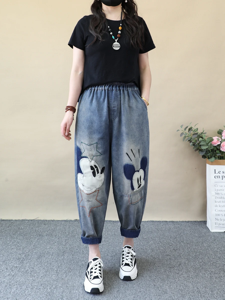 Retro Cartoon Love Embroidered Jeans Women Street Style Loose Ripped Cropped Harem Pants Thin Summer Pants Wide Leg Jeans