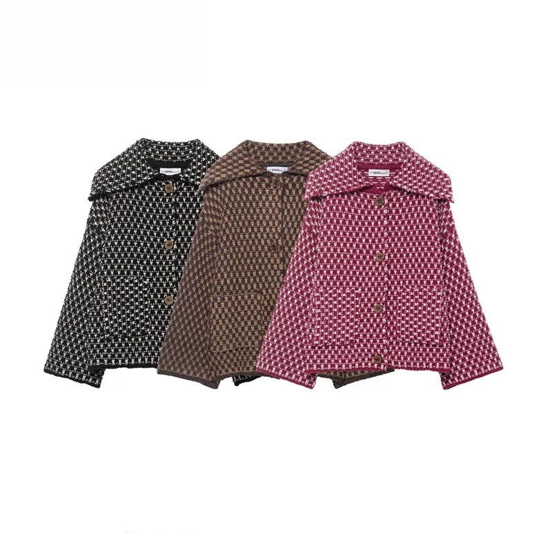 Fashionable Long Sleeve Knitted Open Cardigan Sweater with Large Collar And Buttons for Women Casual Loose Style Polyester Fiber