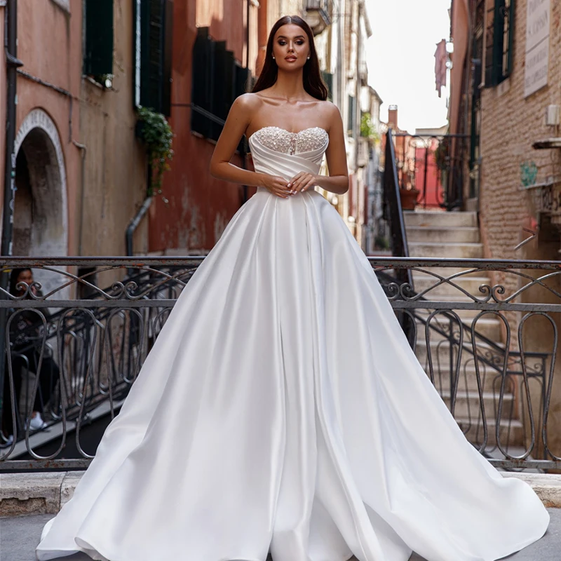 ZOCI Glamorous Chic Wedding Dress Satin With Beading Princess Ball Gown Square Collar Sleeveless Bride Zipper Robe MariéE Satin