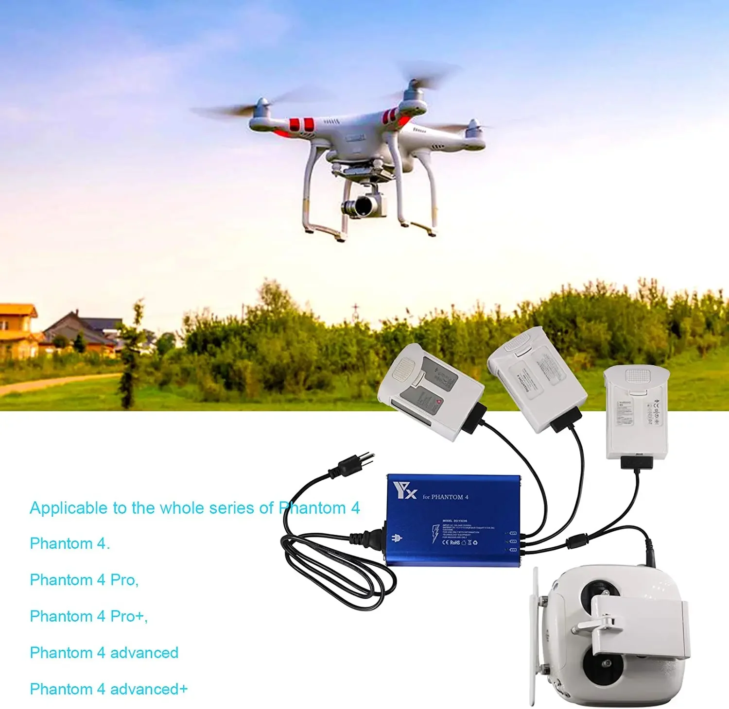 

Quality 4 In 1 Intelligent Parallel Power Hub For Phantom 4.4pro Advanced Drone Battery Remote Control Quick charger Parts