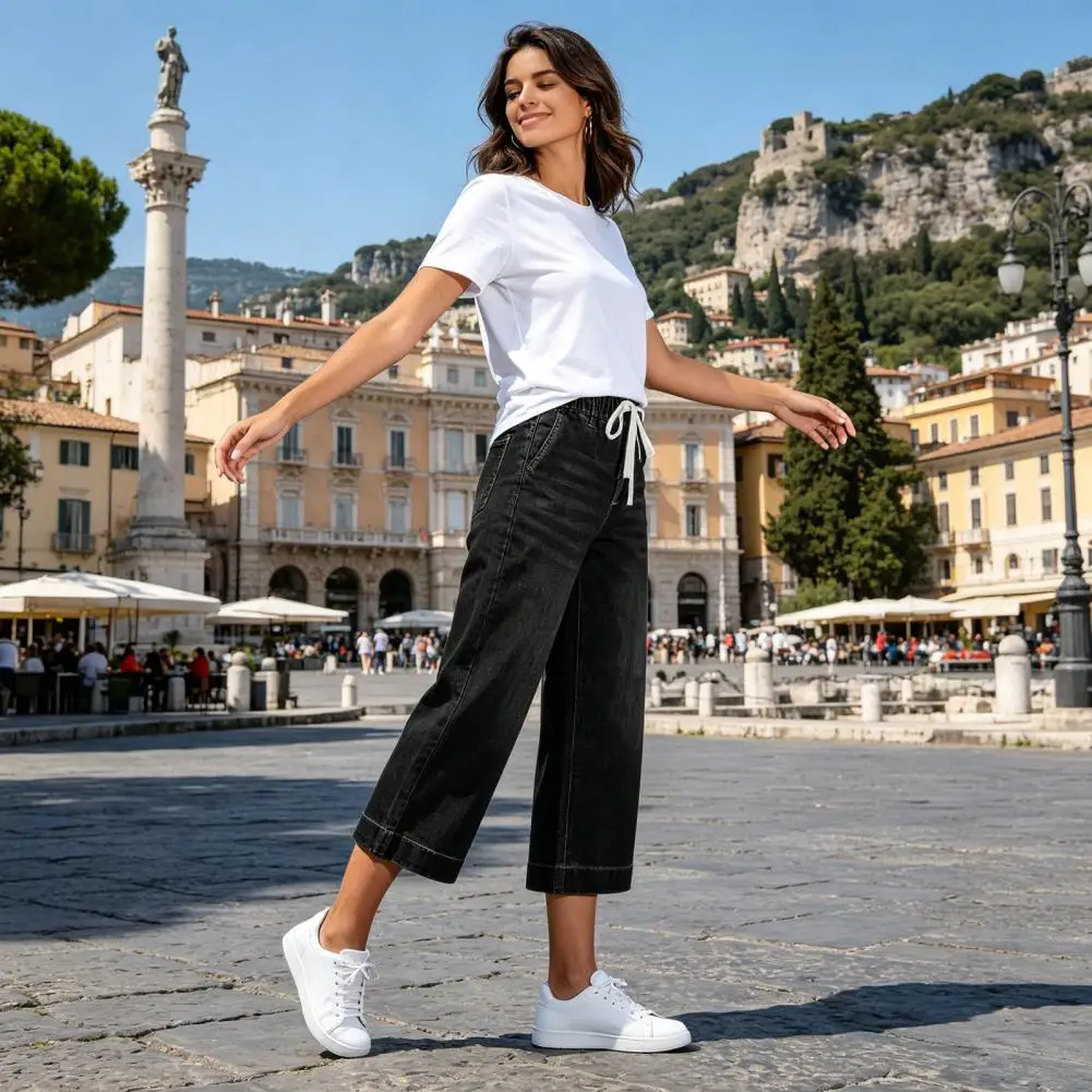 Adjustable Waist Pants Cropped Pants for Women High-stretch Wide-leg Denim Trousers Drawstring Waistband Summer Pants