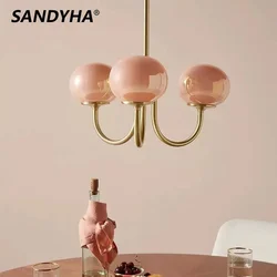 SANDYHA 모던 심플 크림 스타일 샹들리에 핑크 유리 볼 펜던트 조명, 거실 침실 실내 LED 램프, 홈 데코