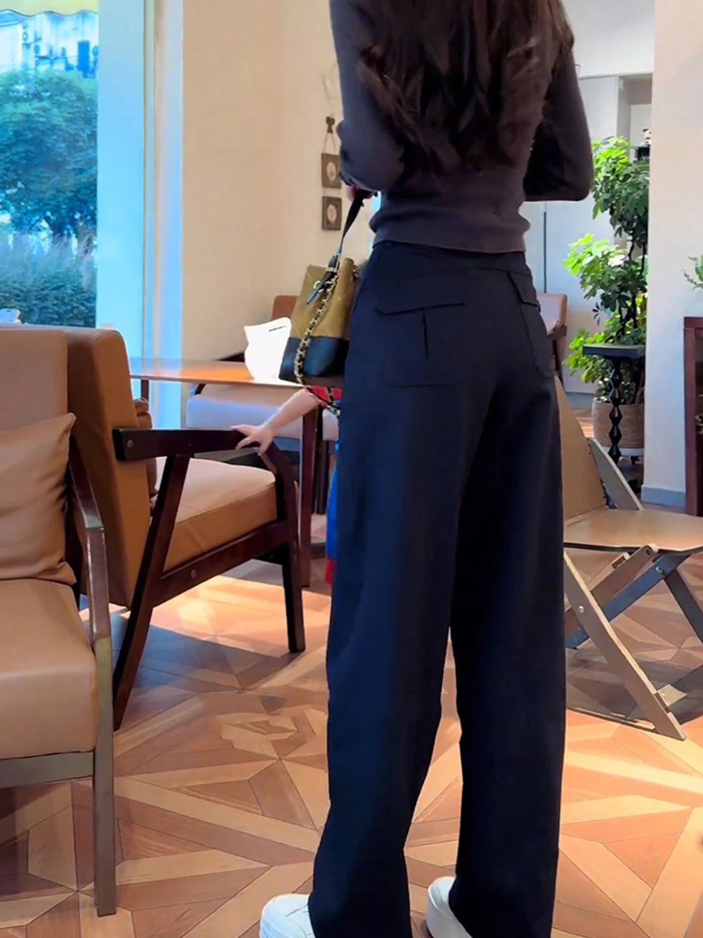 Pantalones de pierna ancha con forro de Fce de cintura alta, pantalones de pierna recta drapeados informales para mujer, cierre de botón de Color puro para ir al trabajo coreano