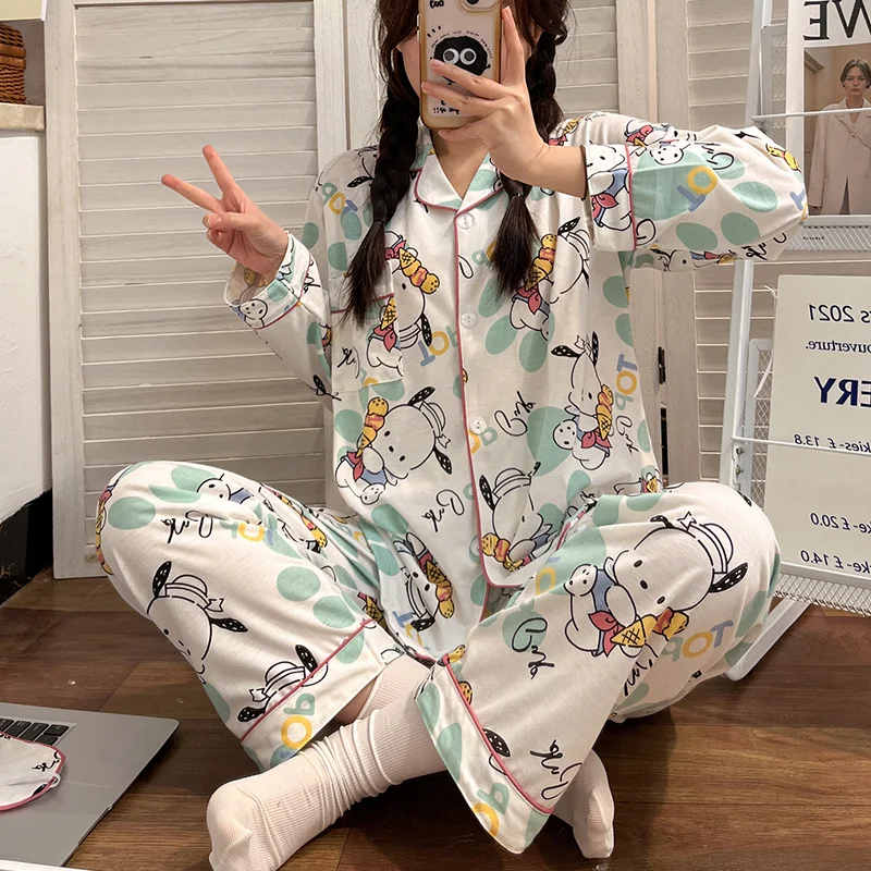 Pochacco Pajama Set Kawaii Hello Kittys Sanrios Anime Cartoon Cinnamoroll Spring Autumn Long Sleeves Student Home Wear Nightwear