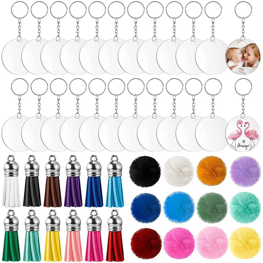 120PCS Acrylic Blank Keychain with Keyrings Round Clear Disc Circle with Colorful Tassel Jump Ring Plush Pompom Balls DIY Craft