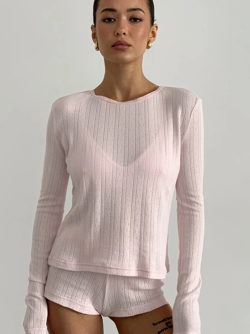 Marthaqiqi ملابس نوم فضفاضة للسيدات مكونة من قطعتين قمصان نوم برقبة دائرية وأكمام طويلة ملابس نوم قصيرة ملابس منزلية محبوكة غير رسمية للسيدات