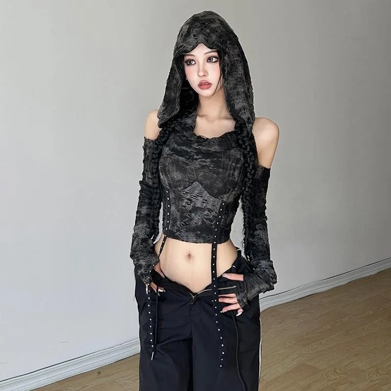 Immagine 6: Top Strappato a Maniche Lunghe, Vestibilità Slim, Fresco e Delizioso, con Cappuccio, T-Shirt Sexy, Pullover, Maglietta Corta per Donne