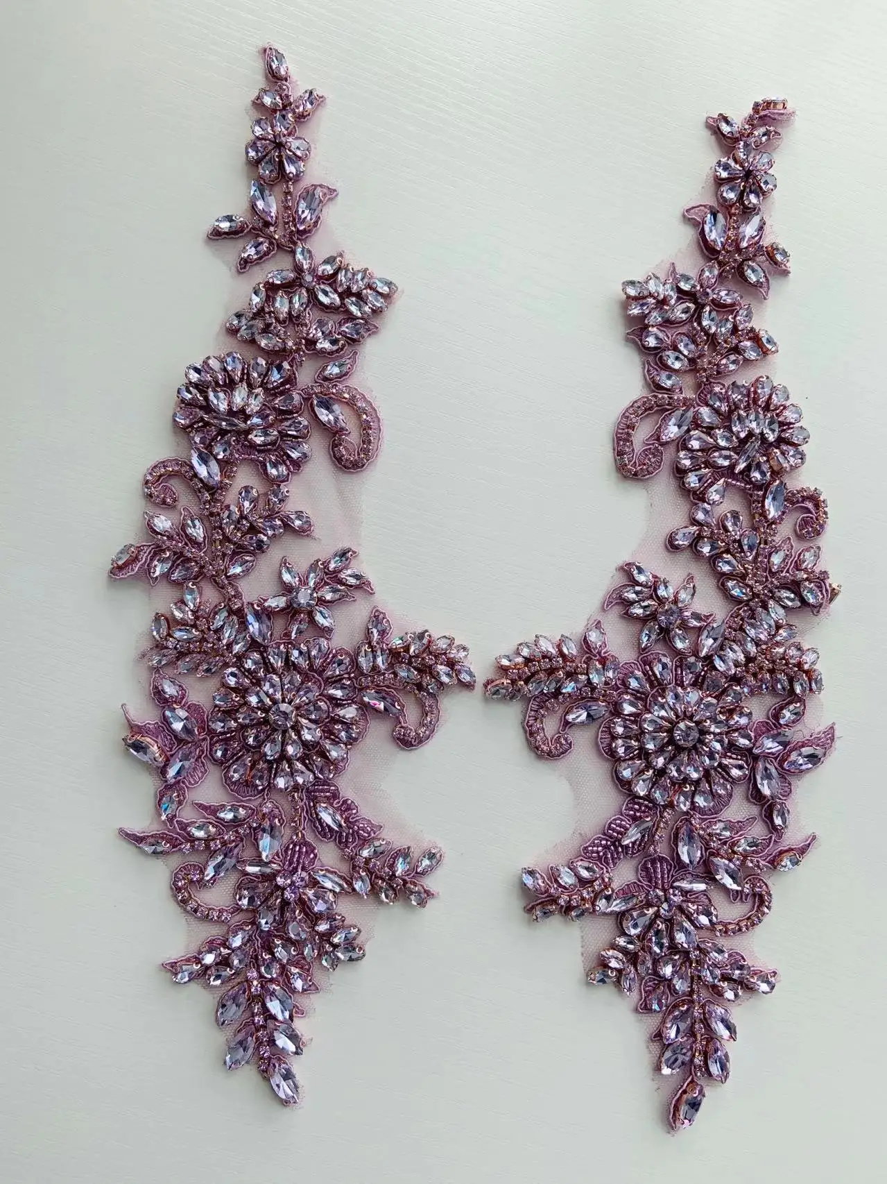 1 Pair Gold Rhinestone Applique Heavy Glass Beaded Flower Patch V Neckline Trim for Corset,Wedding Crystal Dress,Ball Gown