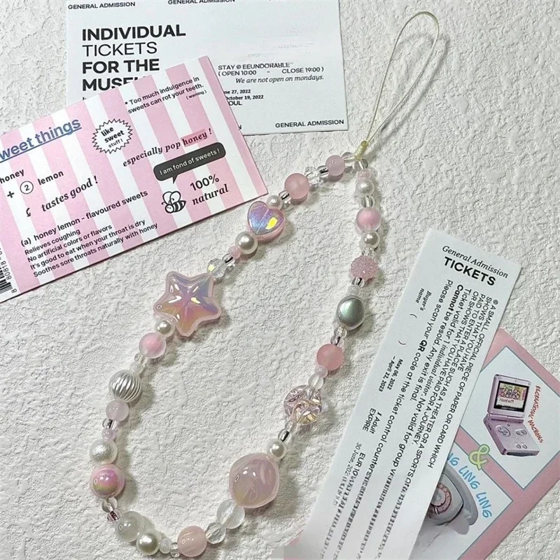 

1pcs Korean Cute 3D Pink Star Heart Beaded Phone Chain Charm Lanyard For iPhone Samsung Universal Anti-Loss Hanging Rope Jewelry