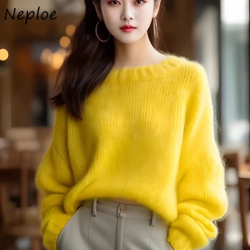 Neploe 2025 Autumn Winter French Fragrant Style Yellow Sweaters Femme Simple High-End O-Neck Long Sleeve Knitted Pullovers