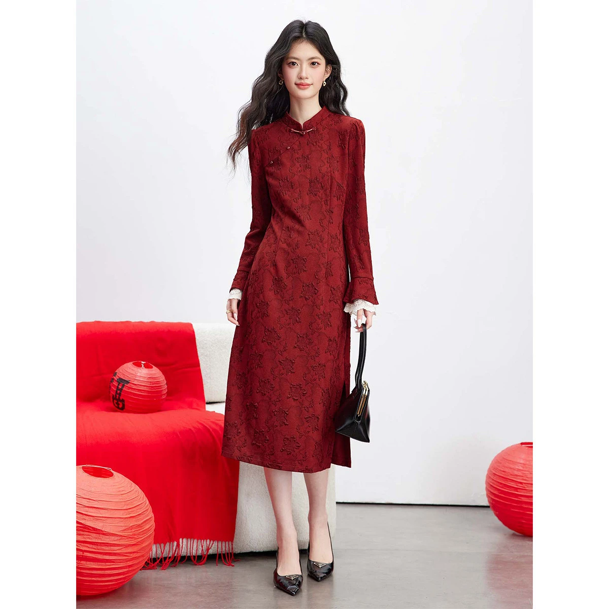 VIMLY Red New Year's Chinese Stand-up Collar Button Dress Women's Spring 26 New Lace Cheongsam Dress A3900