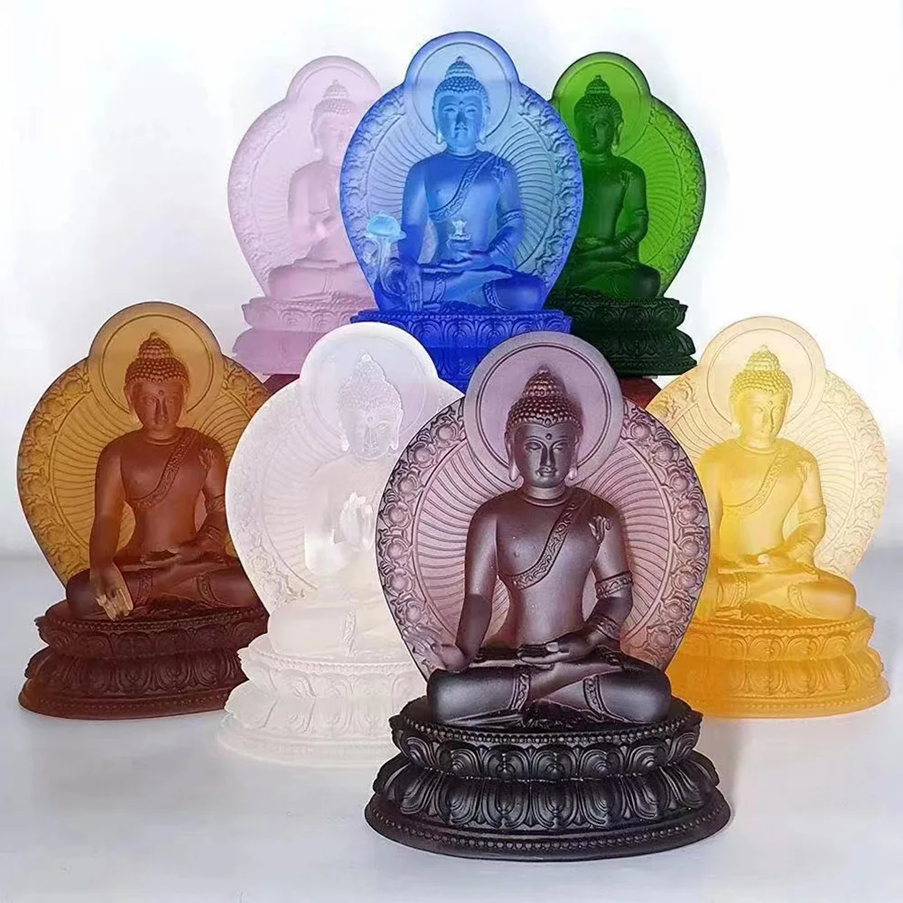 Bouddha de Protection Spirituelle Efficace pour la Famille, Sept Gestes Différents, Glaçure Colorée Intense, 7 Couleurs