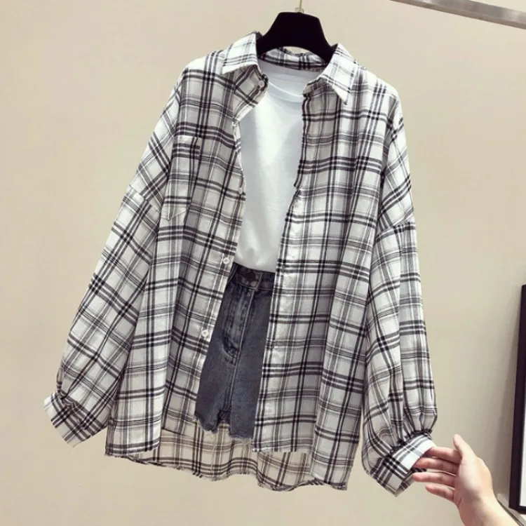 

Women's Plaid irt Mid-Length Turn-down Collar Long Sve Loose Fit Polyester Material Autumn Season Faion Ladies' irt