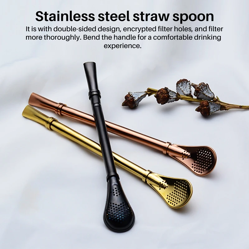 7 Pcs Reusable Steel Drinking Straws With Filter Spoon For Yerba Mate Bombilla, Stirring Spoon Set With Cleaning Brush