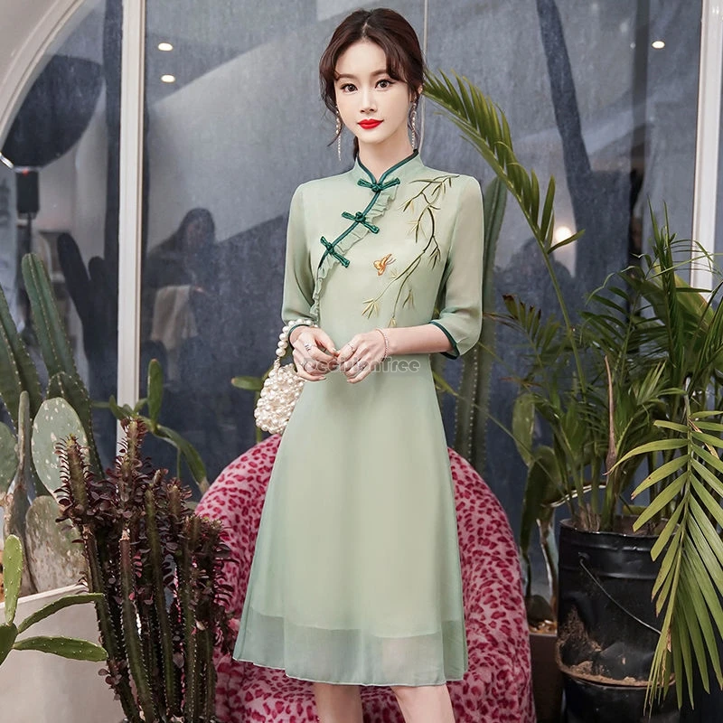 

2024 summer chinese improved double-deck cheongsam new retro chinese half sleeve embroidery yarn elegant women daily qipao dress