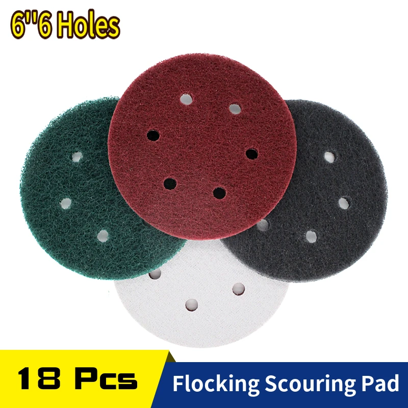 

18 PCS 6 Inch 6-Hole 240-800 Grit Multi-purpose Flocking Scouring Pad Industrial Heavy Duty Nylon Cloth for Polishing & Grinding