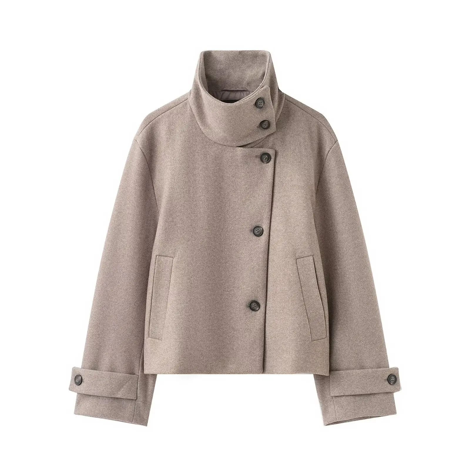 Herbst und Winter Damen neue Stehkragenjacke Khaki Stehkragen einreihige lockere und modische Bürojacke