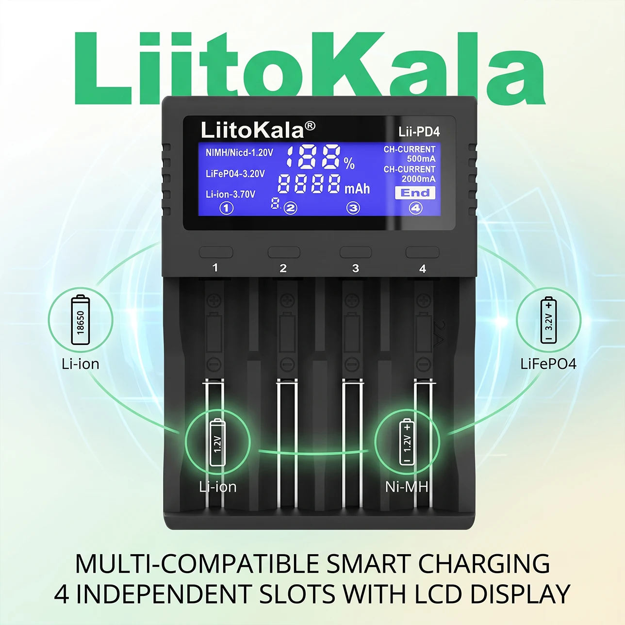 LiitoKala Lii-PD4 Smart 4 Bay Battery Charger LCD Display for 18650 21700 26650 AA AAA NiMH Li-ion LiFePO4 Fast Safe Universal