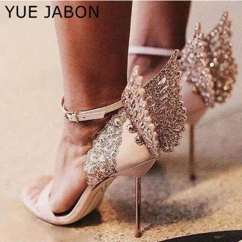 

Hot Multicolor Rhinestone Sandals Female Shoes Luxury Crystals Heel Butterfly Sandals High Heel Bridal Party Pink High heels