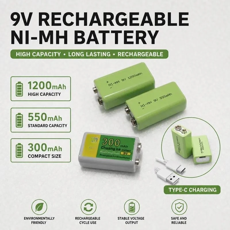 for Chuangke 9V Rechargeable Battery NiMH 6F22 Square Battery for Microphone Multimeter Single 9 Volt Power Cell