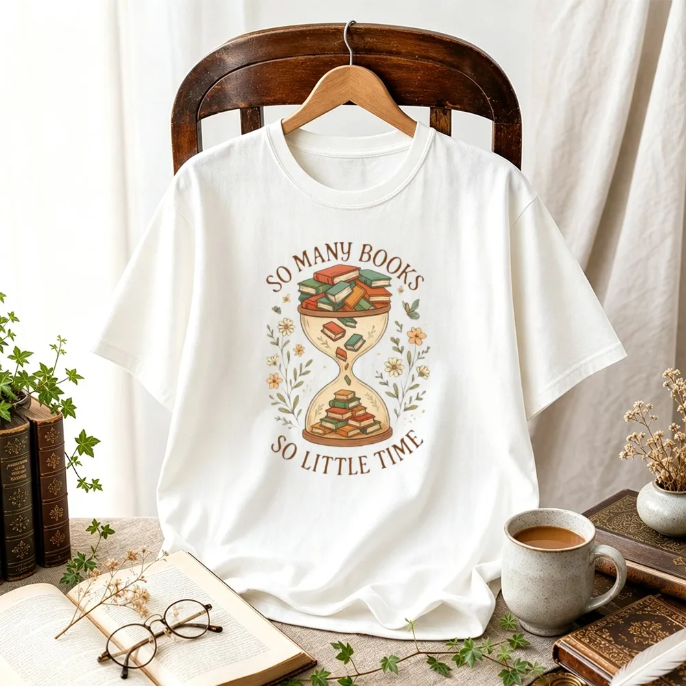 Women So Many Books So Little Time Hourglass Floral Graphic T-Shirt Book Lover Bookish Tee Reading Enthusiast Casual Summer Tops