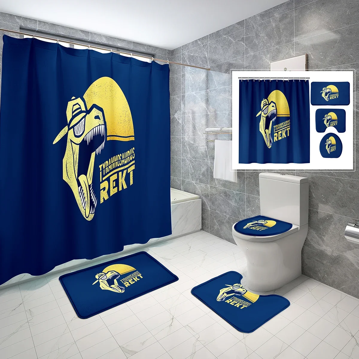 4 Pcs Cartoon Dinosaurs Shower Curtain Sets with Toilet Lid Cover and Non-slip Bath Mat Minimalism Waterproof Shower Curtain Set