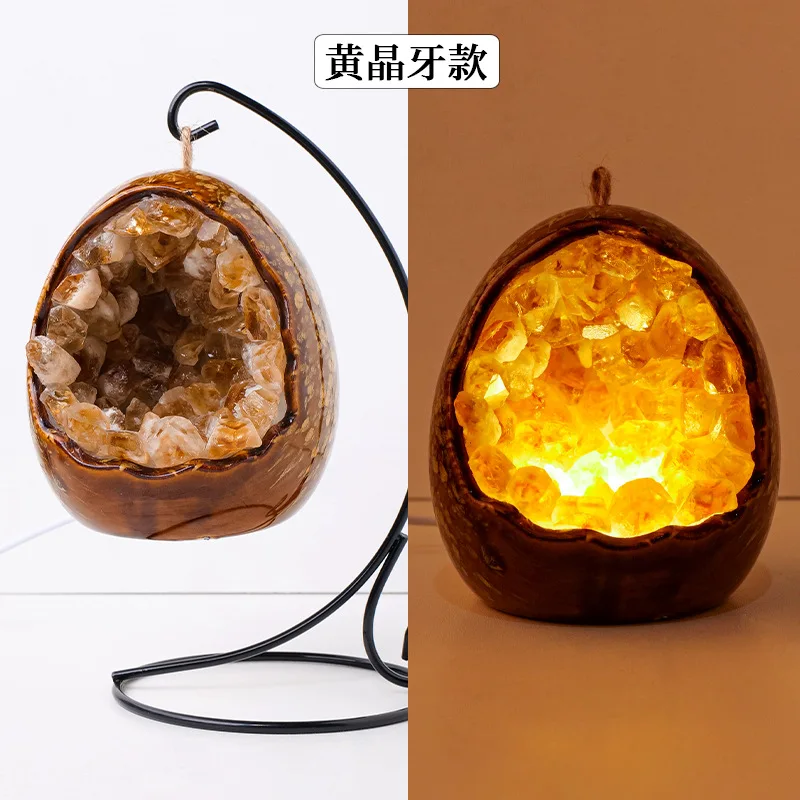 Natural Crystal Dinosaur Egg Night Light Amethyst Geode LED Lamp with Stand Home Decor Christmas Halloween Gift