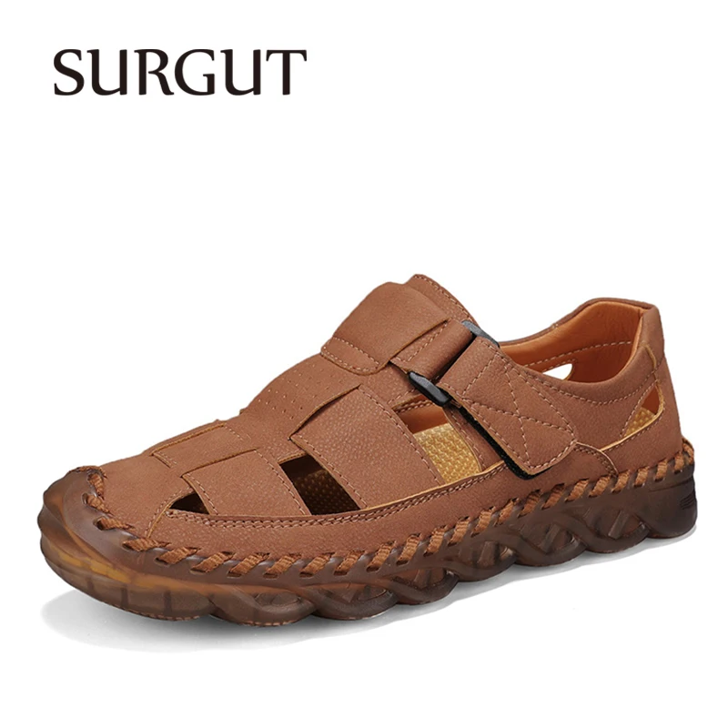 SURGUT Summer Men's Sandals Closed Toe Anti-Collision Design Retro Workwear Style For Beach Walking Plus Size 38-48
