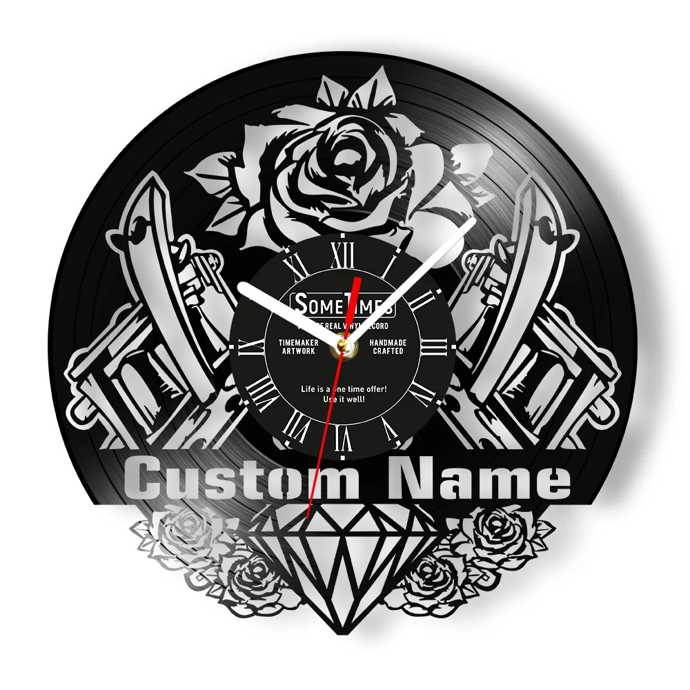 Diamond Rose Old School Custom Tattoo Salon Laser Cut Longplay Wall Clock Personalized Tattooist Name Vinyl Record Wall Clock