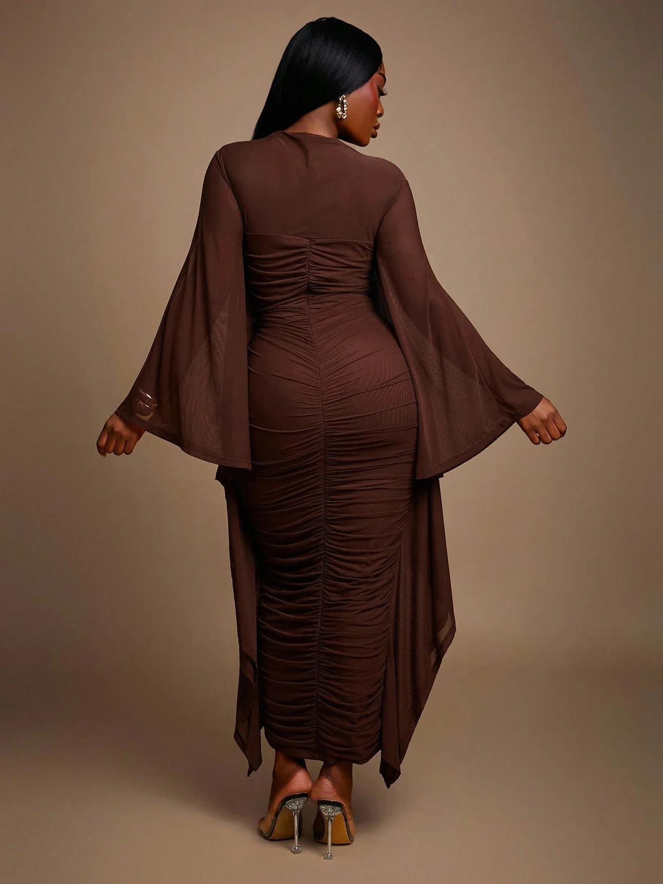 

Элегантное плиссированное облегающее платье из сетки с рукавами-летучая мышь, кофейно-коричневое